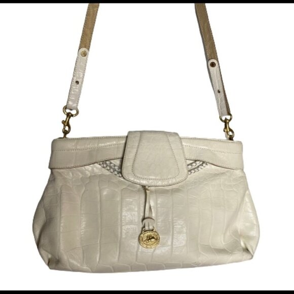 Brahmin Vintage Croc Embossed White Leather Shoulder Bag - Picture 1 of 7